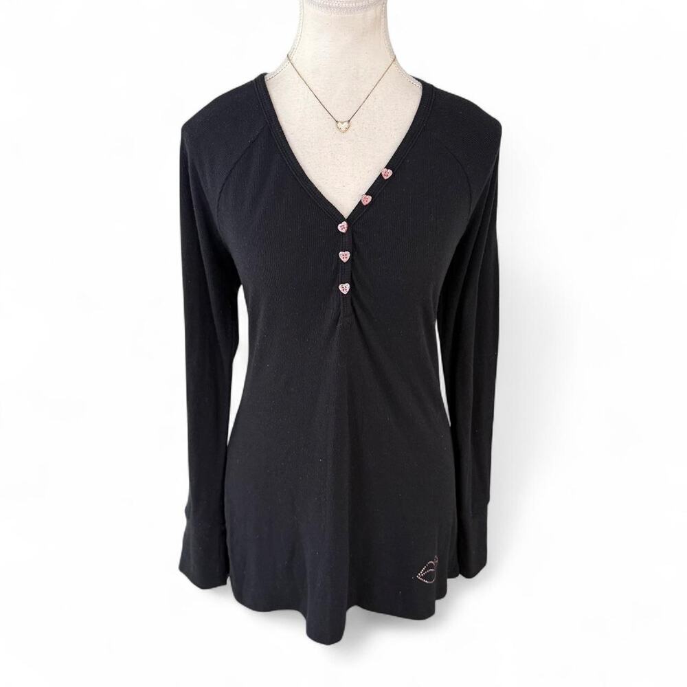 Y2K Betsey Johnson Black Cotton Henley Long sleeve full length fitted top large
